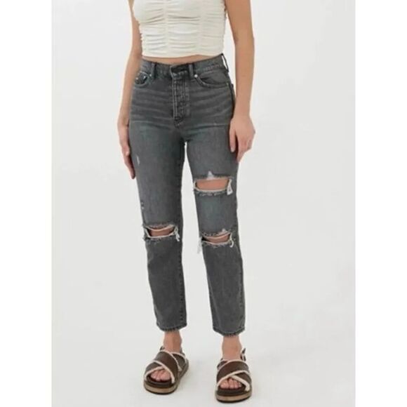 BDG Urban Outfitters High Waisted Slim Straight Jean Distressed in Washed Black. - Picture 1 of 13